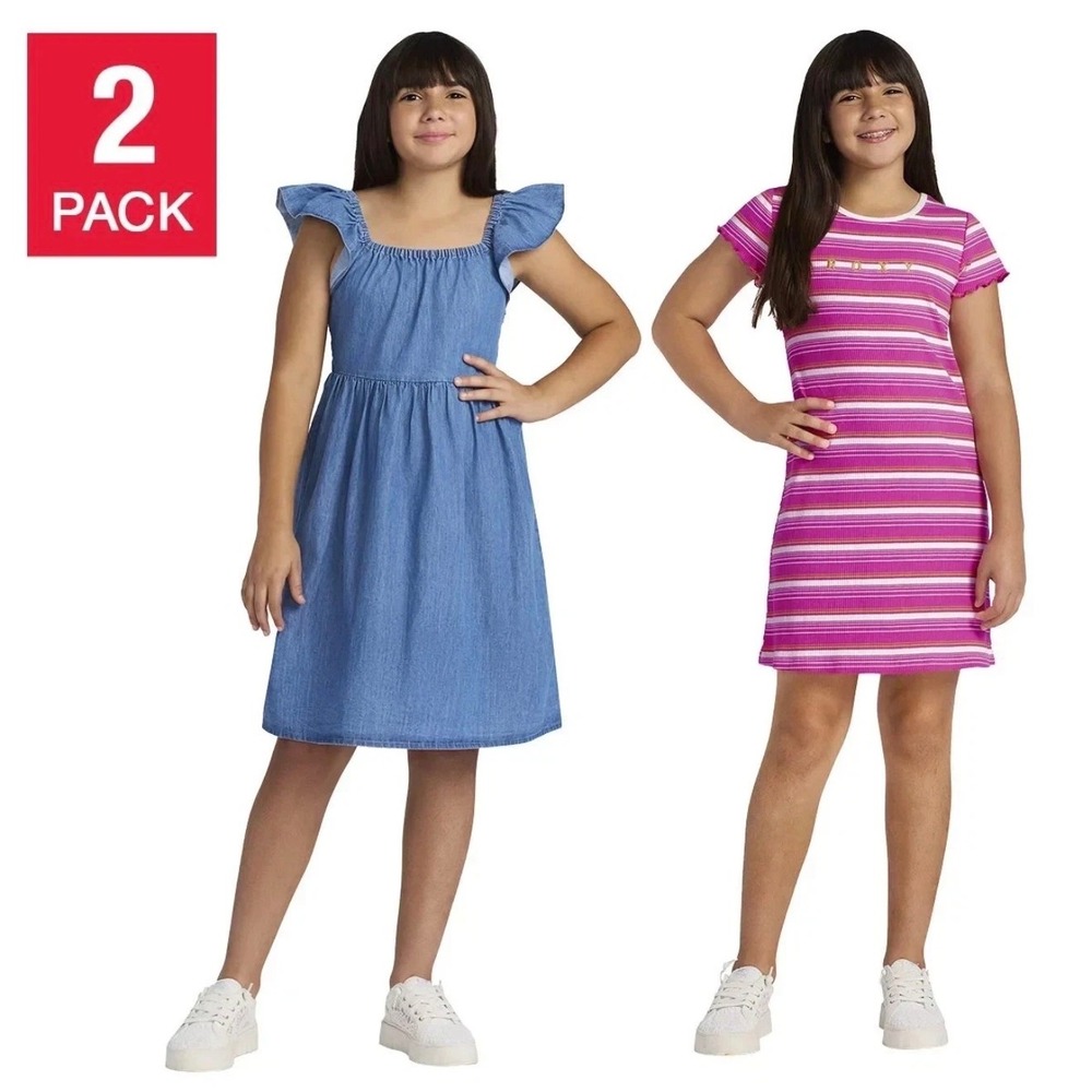 NEW Roxy Youth 2 Pack Dress Pink Striped Ribbed Knit and Blue Smocked Denim Look